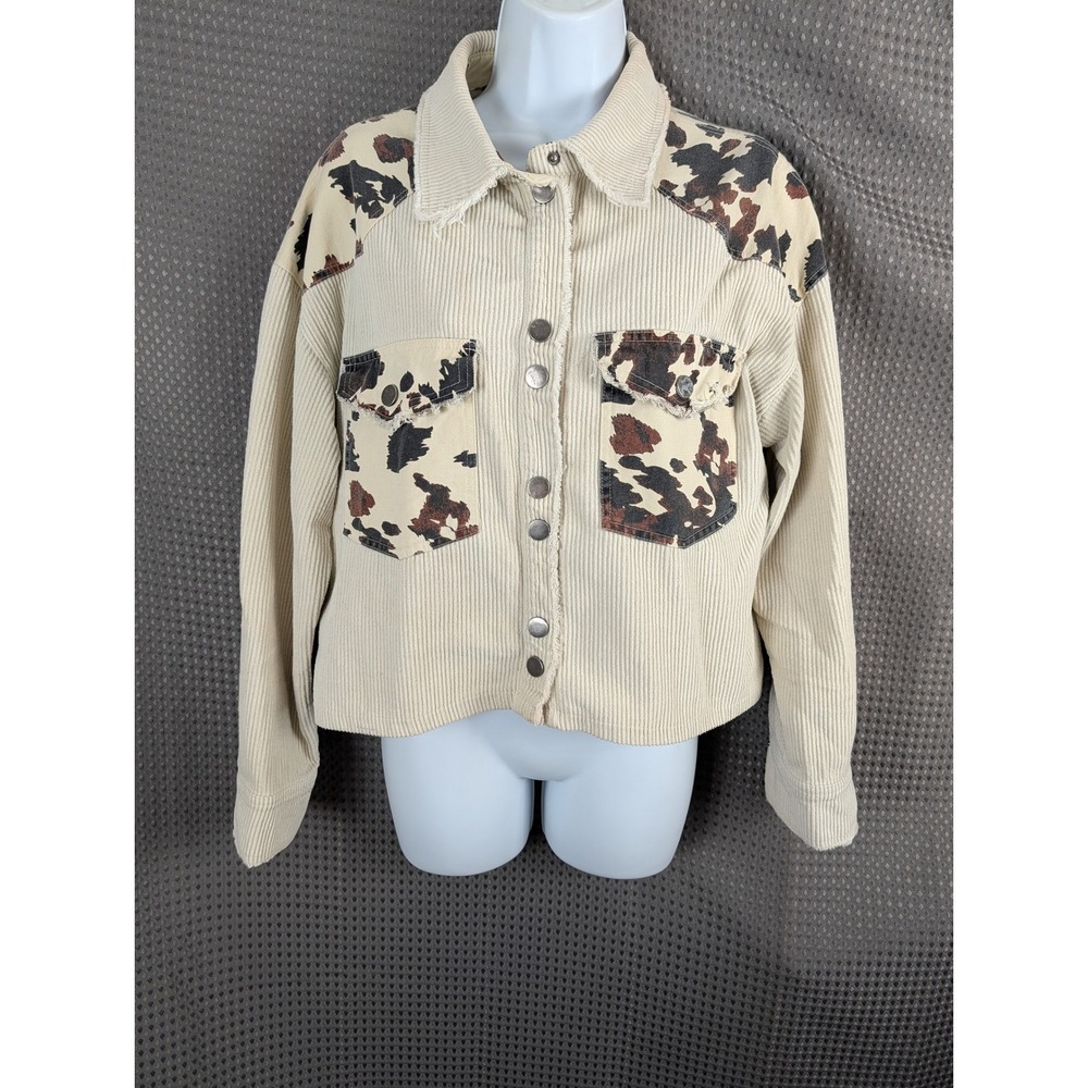 Willow Root Womens Medium Corduroy Shacket Jacket Cream Leopard Print Snap Front